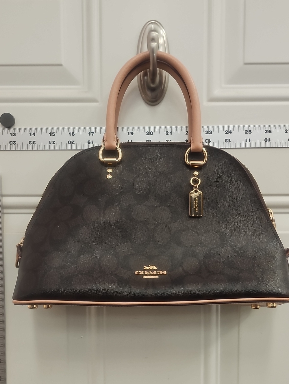 Coach Dark Brown Signature Dome Satchel with Tan Handles